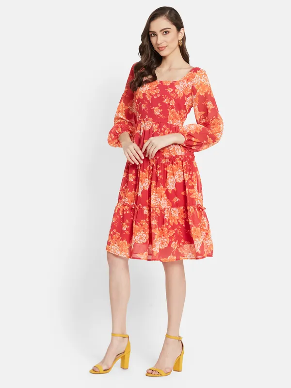 Square Neck Floral Print Three Tier Dress