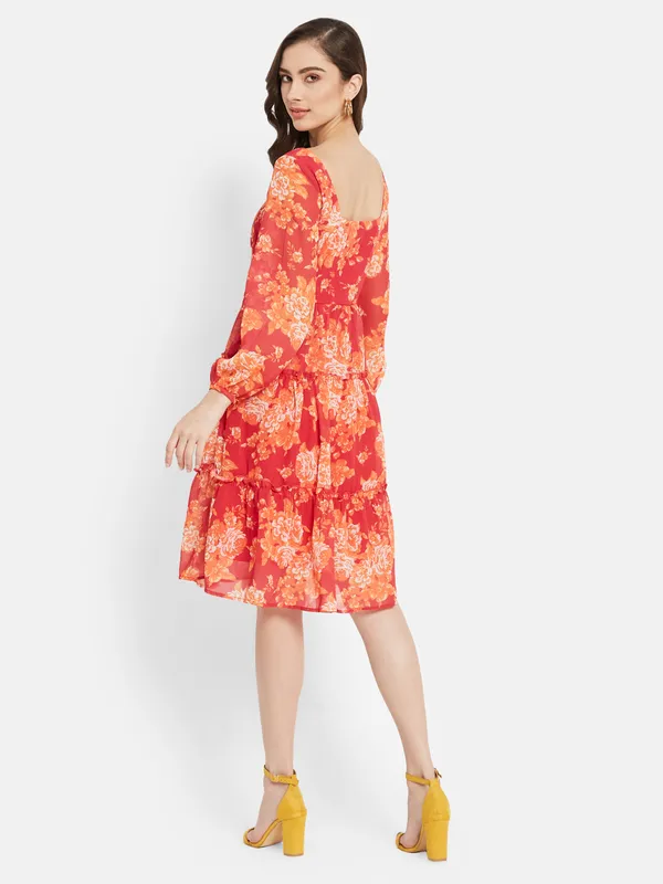 Square Neck Floral Print Three Tier Dress