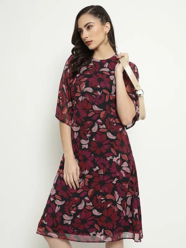 METTLE Floral Printed Flared Sleeves A-Line Dress