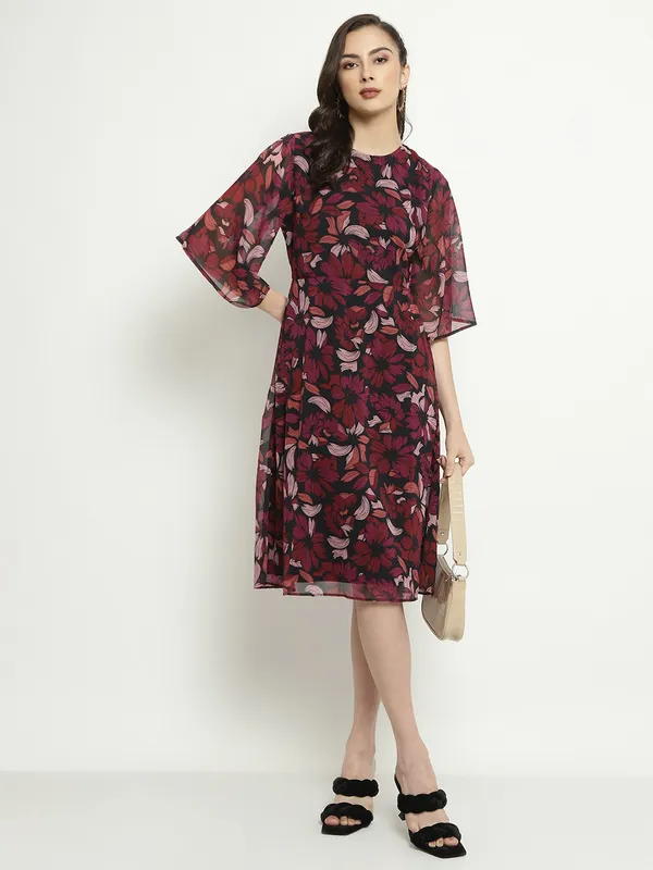 METTLE Floral Printed Flared Sleeves A-Line Dress