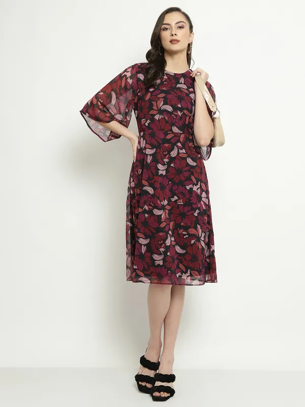 METTLE Floral Printed Flared Sleeves A-Line Dress