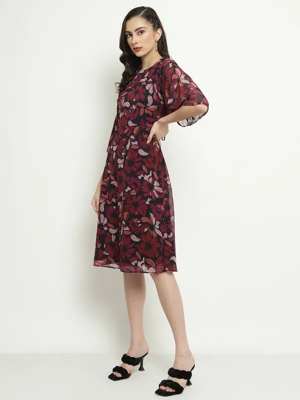 METTLE Floral Printed Flared Sleeves A-Line Dress