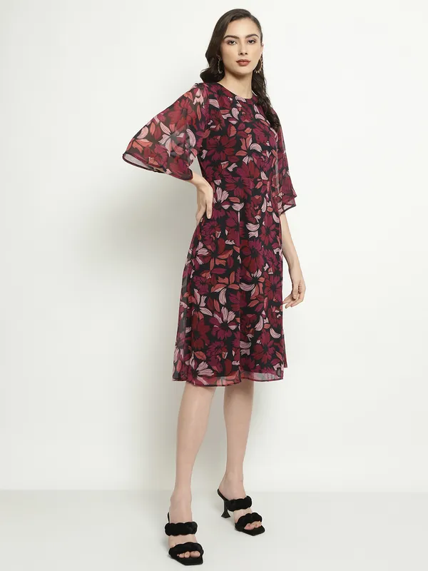 METTLE Floral Printed Flared Sleeves A-Line Dress