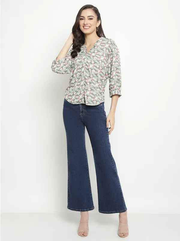 METTLE Floral Printed Collarless Long Sleeves Cotton Casual Shirt