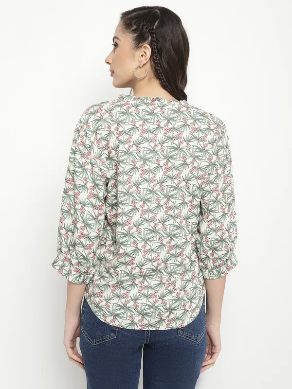 METTLE Floral Printed Collarless Long Sleeves Cotton Casual Shirt