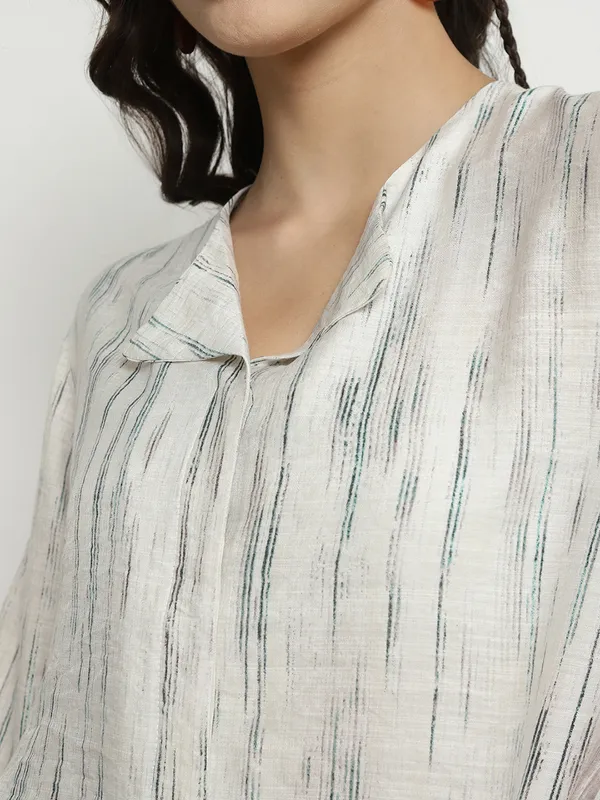 METTLE Striped Collarless Long Sleeves Cotton Casual Shirt