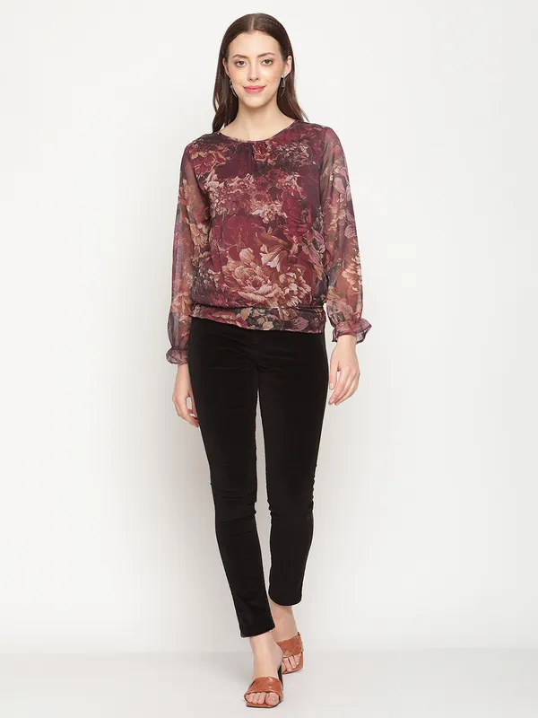 METTLE Maroon Print Blouson Top