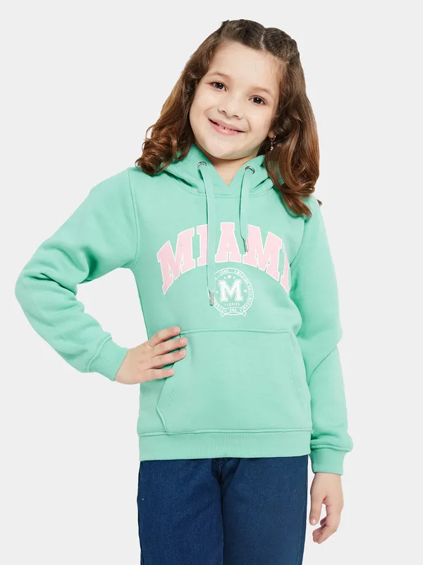 METTLE Girls Green Printed Hooded Sweatshirt