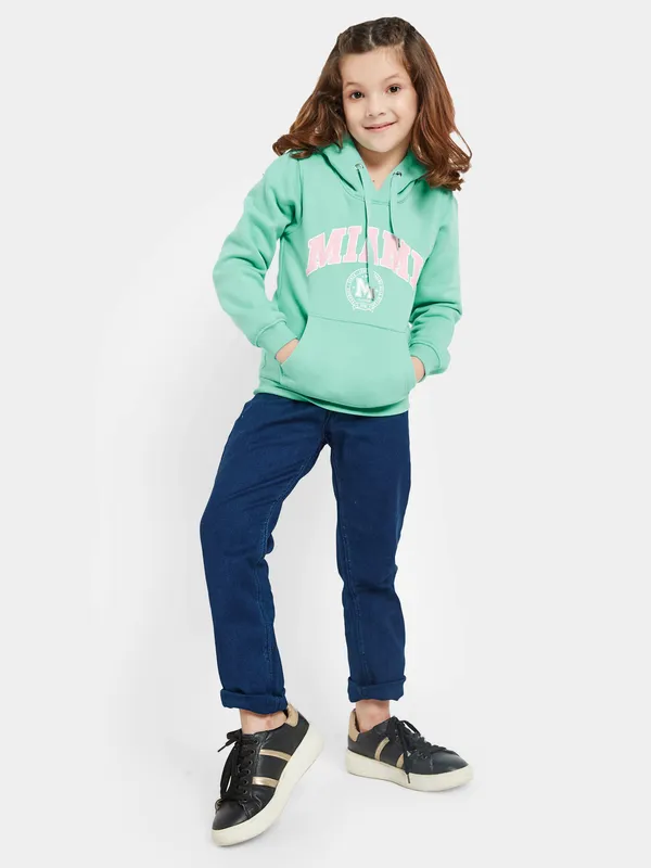 METTLE Girls Green Printed Hooded Sweatshirt