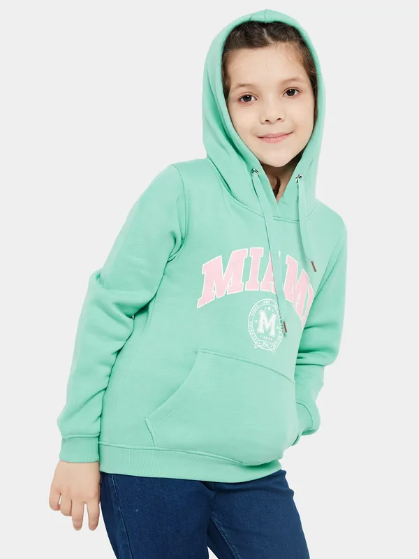 METTLE Girls Green Printed Hooded Sweatshirt