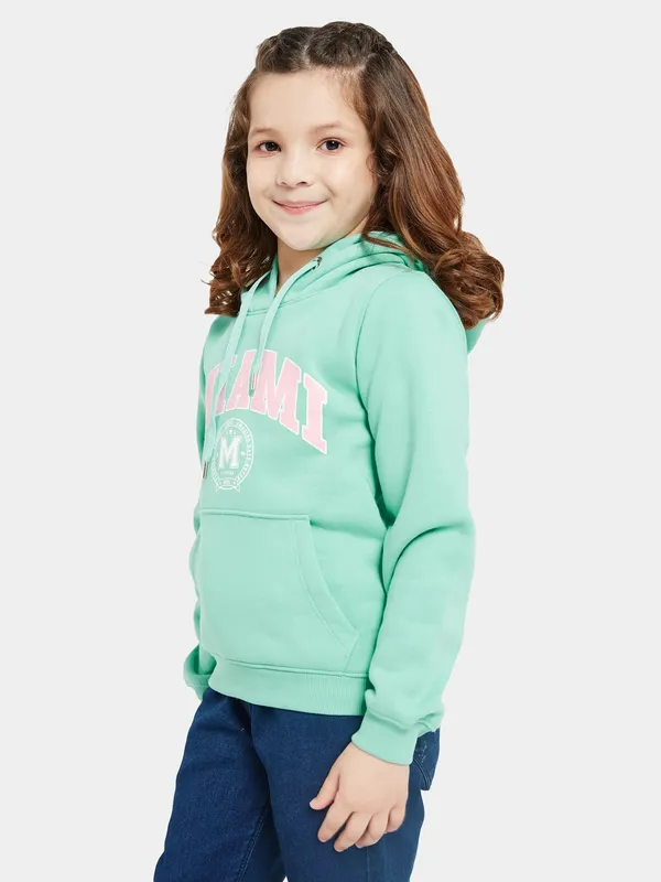 METTLE Girls Green Printed Hooded Sweatshirt