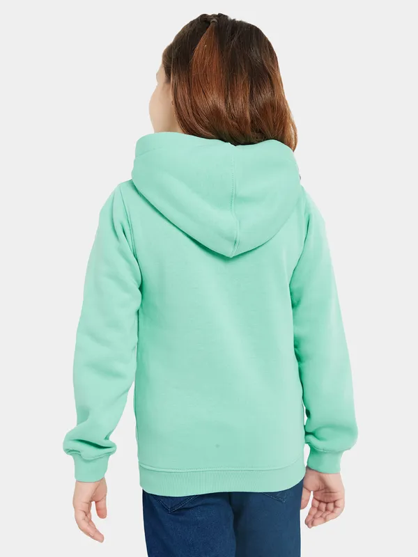 METTLE Girls Green Printed Hooded Sweatshirt