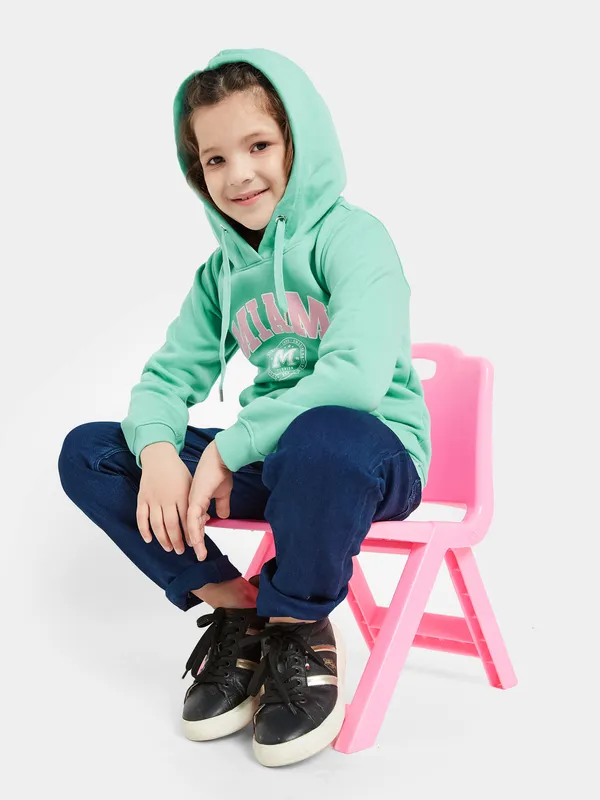 METTLE Girls Green Printed Hooded Sweatshirt