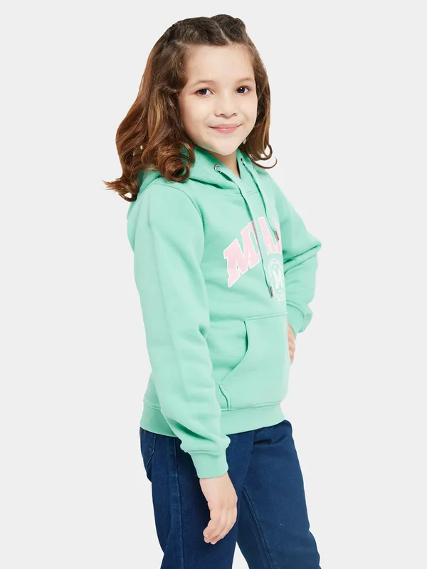 METTLE Girls Green Printed Hooded Sweatshirt