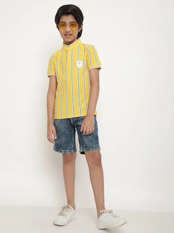 Octave Boys Vertical Striped Mandarin CollarÃÂ Cotton T-Shirt