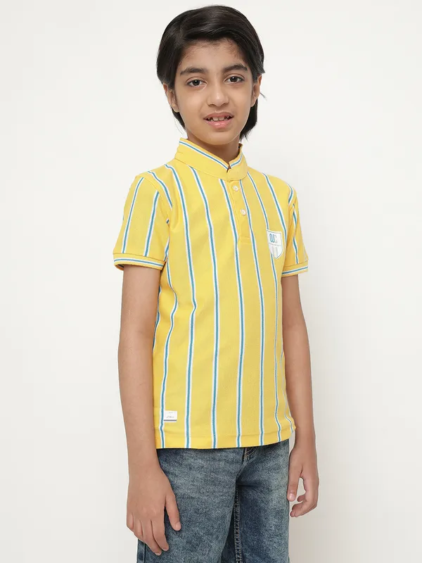 Octave Boys Vertical Striped Mandarin CollarÃÂ Cotton T-Shirt