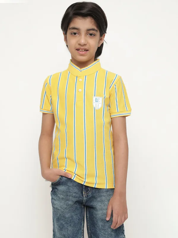 Octave Boys Vertical Striped Mandarin CollarÃÂ Cotton T-Shirt