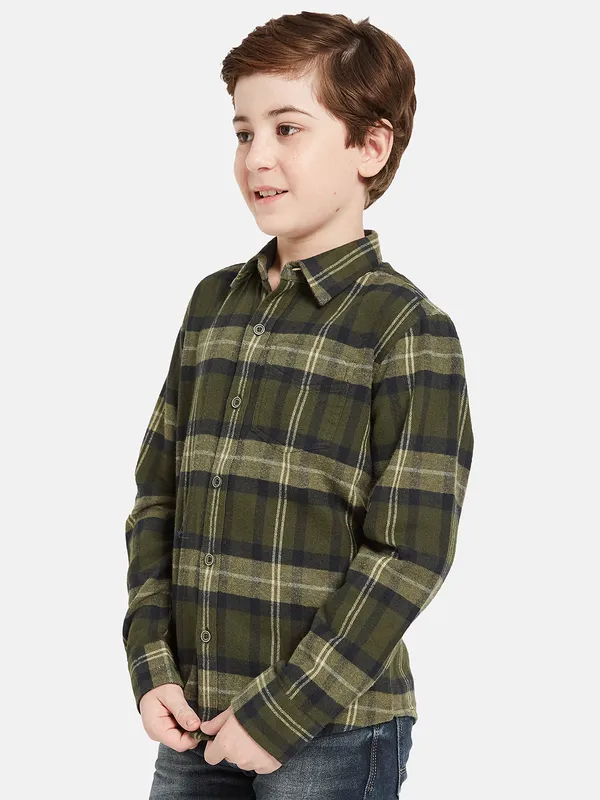 Octave Boys Olive Green Tartan Checks Opaque Checked Casual Shirt