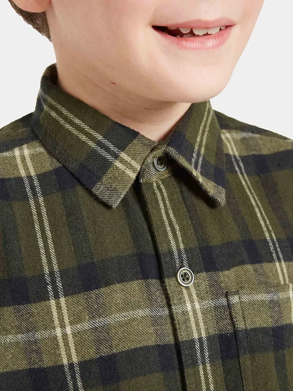Octave Boys Olive Green Tartan Checks Opaque Checked Casual Shirt