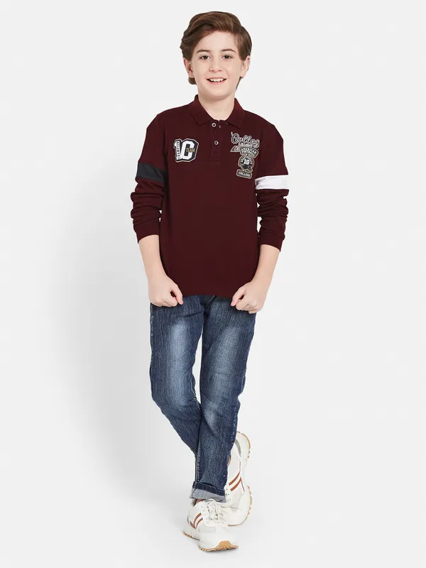 Octave Boys Typography Printed Applique Polo Collar Cotton T-Shirt