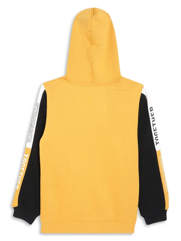 Octave Boys Mustard Yellow Printed Fleece Hooded Sweatshirt