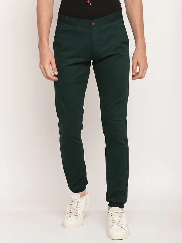 Octave Men Bottle Green Solid Cotton Track Pant