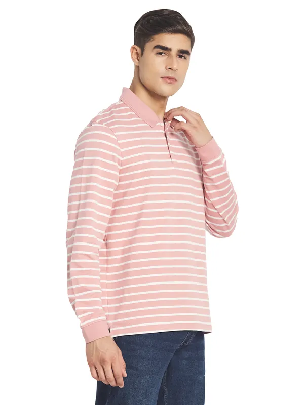 METTLE Men Pink  White Striped Cotton T-shirt