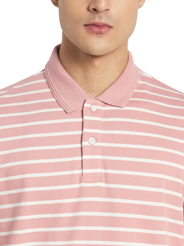 METTLE Men Pink  White Striped Cotton T-shirt