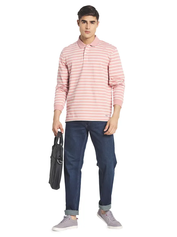 METTLE Men Pink  White Striped Cotton T-shirt