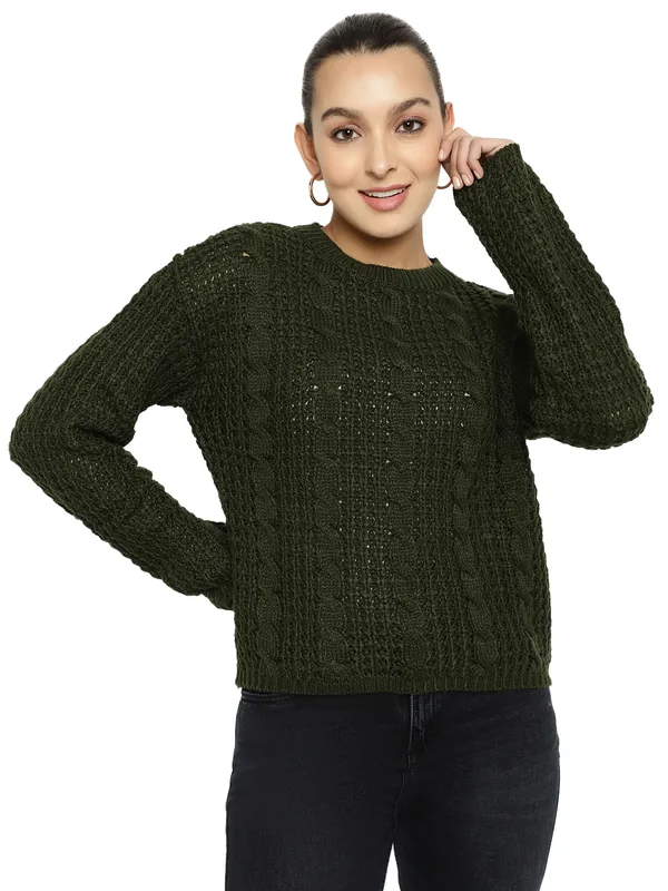 METTLE Women Olive Green Cable Knit Pullover
