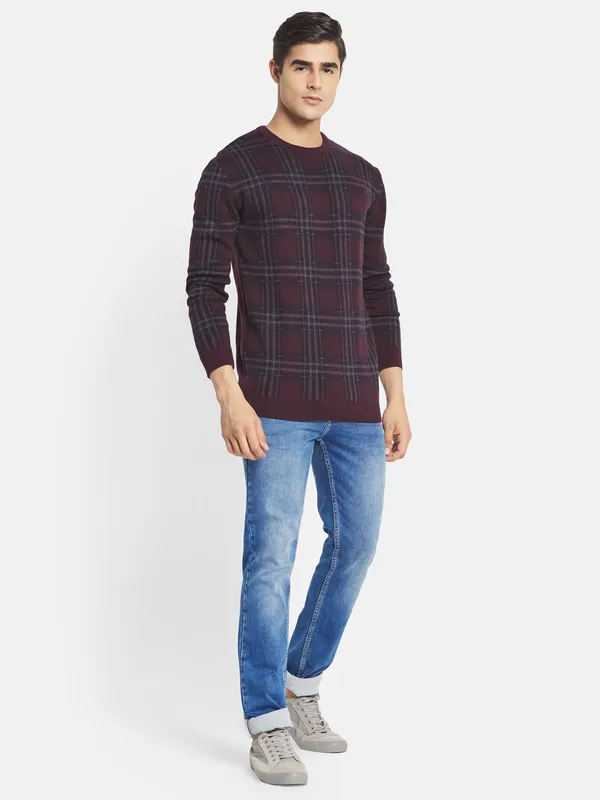 METTLE Men Maroon Black Cotton Checked Pullover