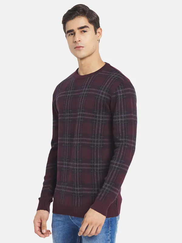 METTLE Men Maroon Black Cotton Checked Pullover