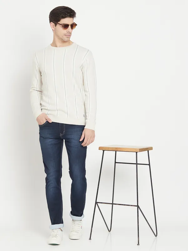 Cream-Coloured Striped Cotton Full Sleeve Pullover Sweater