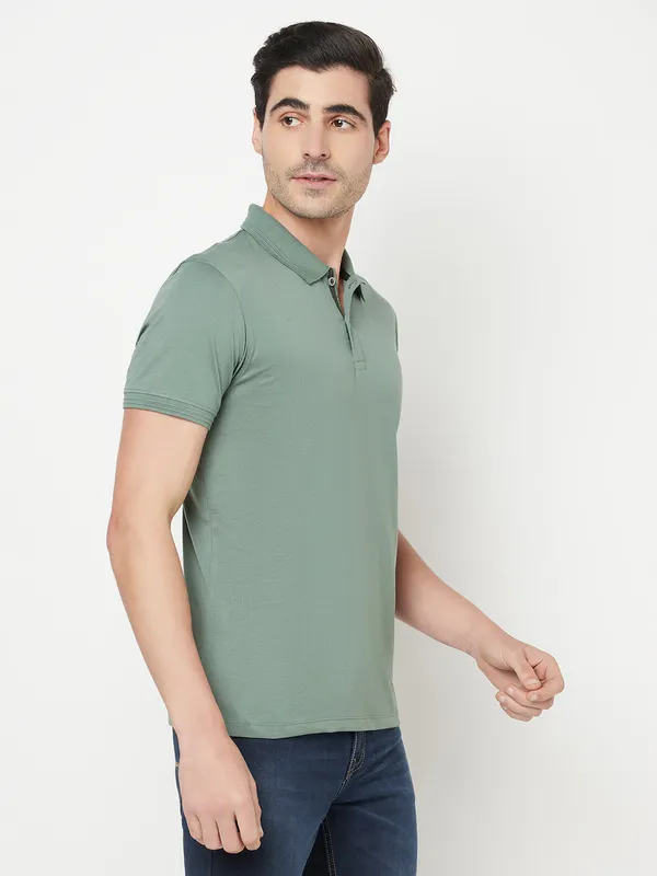Octave Men Olive Green Polo Collar Cotton T-shirt