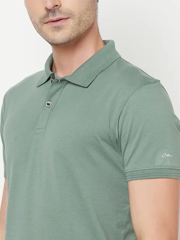 Octave Men Olive Green Polo Collar Cotton T-shirt