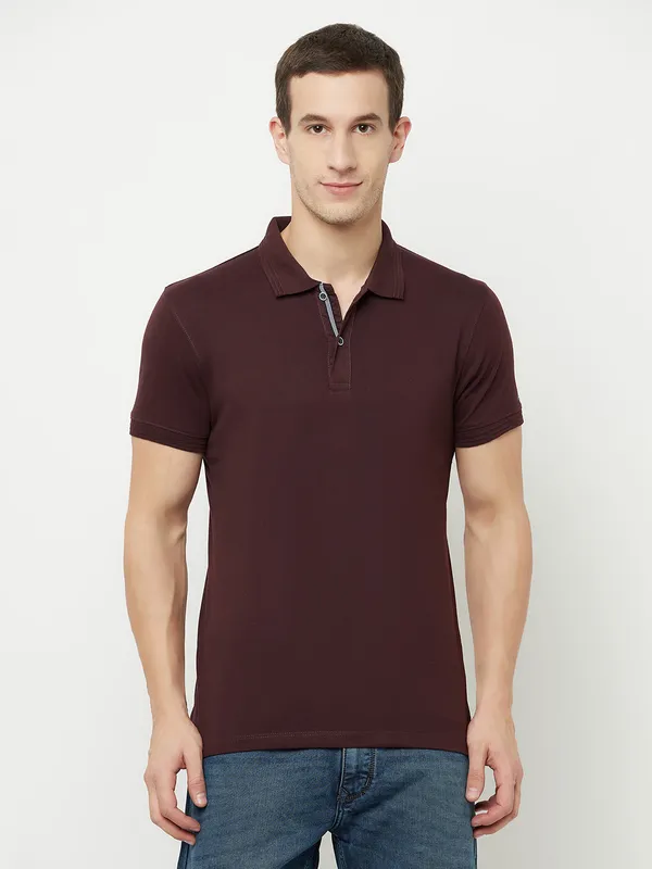 Octave Men Maroon  temptress Polo Collar Applique T-shirt