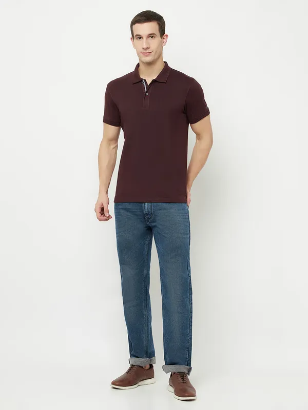 Octave Men Maroon  temptress Polo Collar Applique T-shirt