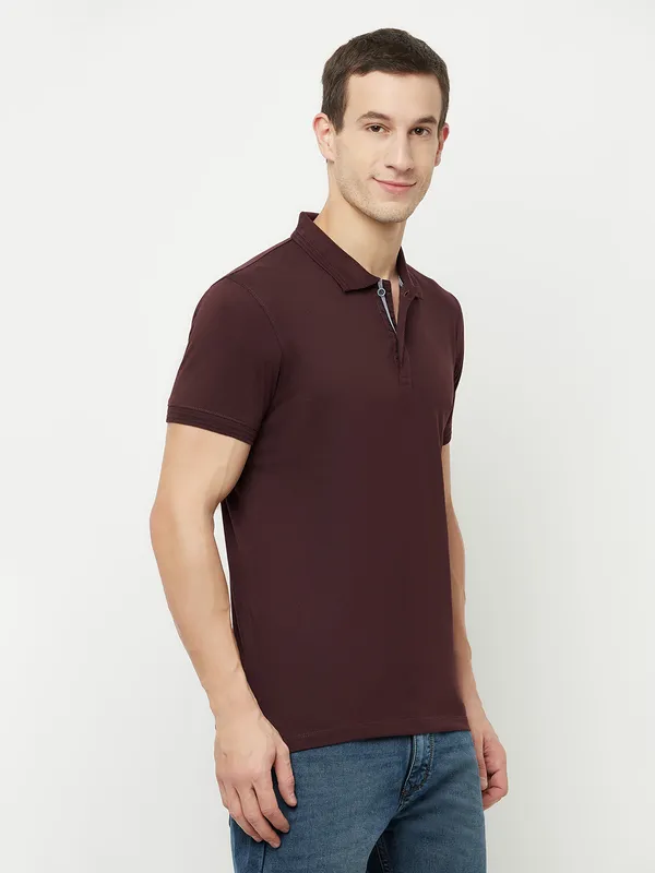 Octave Men Maroon  temptress Polo Collar Applique T-shirt