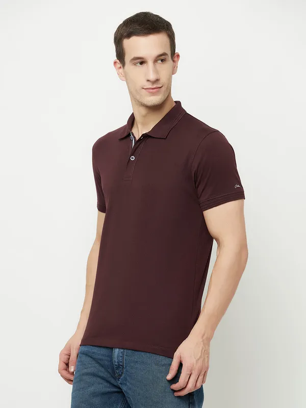 Octave Men Maroon  temptress Polo Collar Applique T-shirt