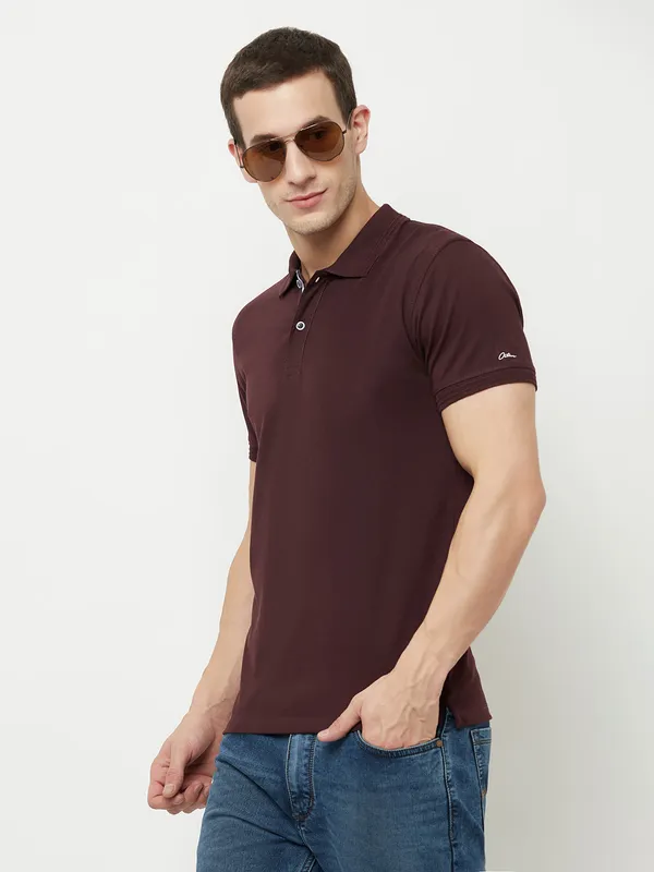 Octave Men Maroon  temptress Polo Collar Applique T-shirt