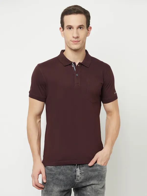 Octave Men Maroon  meteorite Polo Collar Applique T-shirt