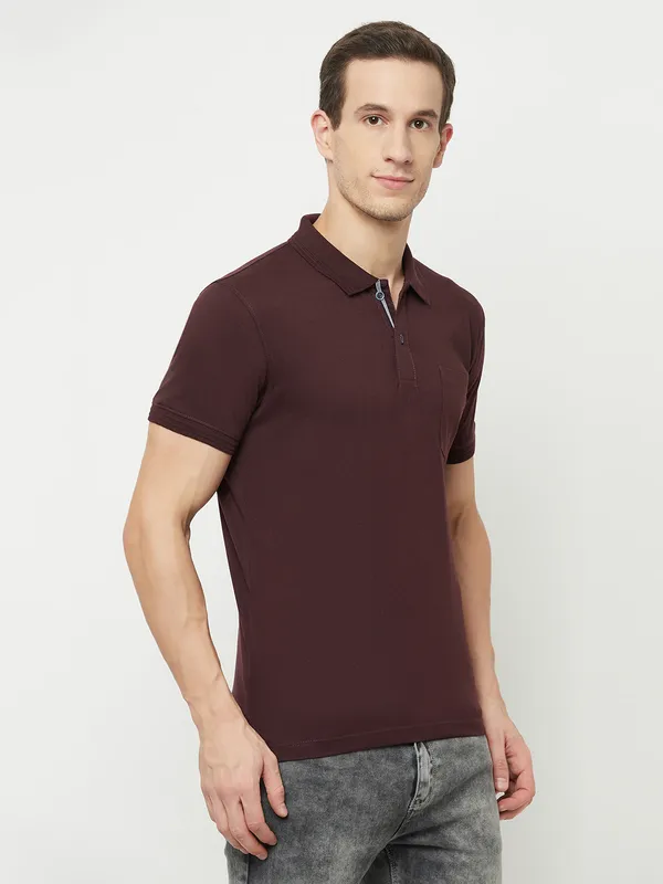 Octave Men Maroon  meteorite Polo Collar Applique T-shirt