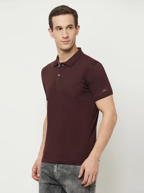 Octave Men Maroon  meteorite Polo Collar Applique T-shirt