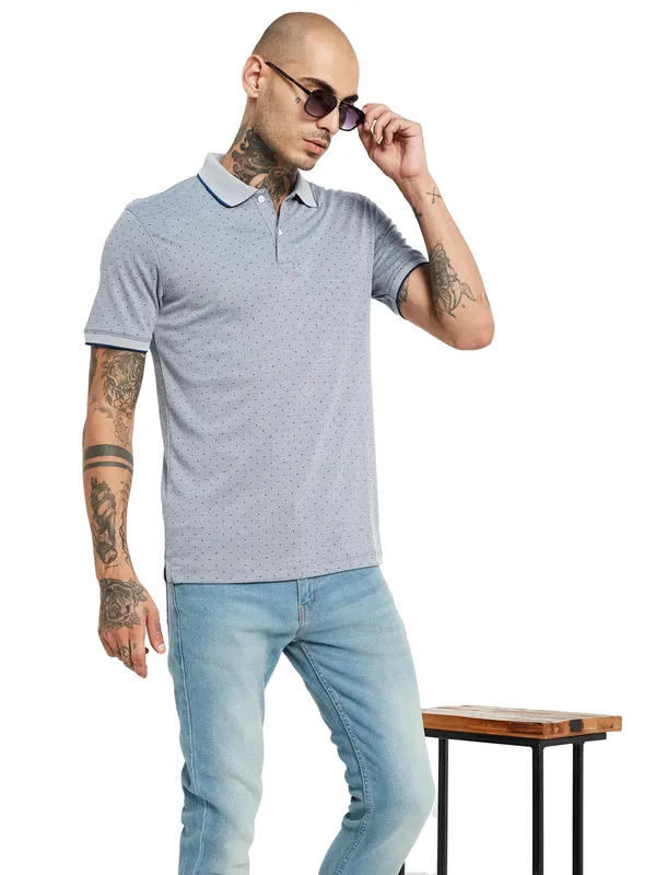 Octave Micro Ditsy Printed Polo Collar Cotton T-Shirt