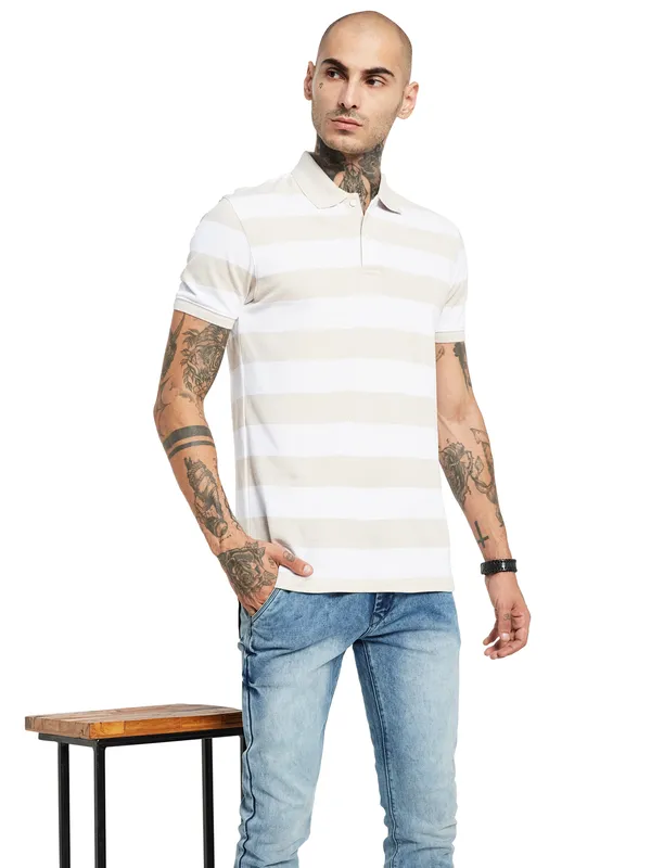 Octave Striped Polo Collar Cotton T-shirt