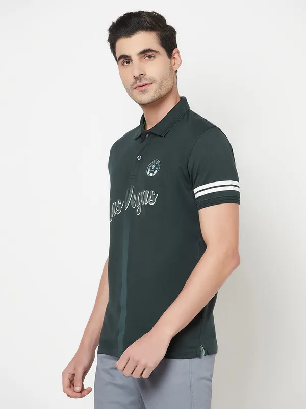 Octave Men Green  White Typography Printed Polo Collar T-shirt
