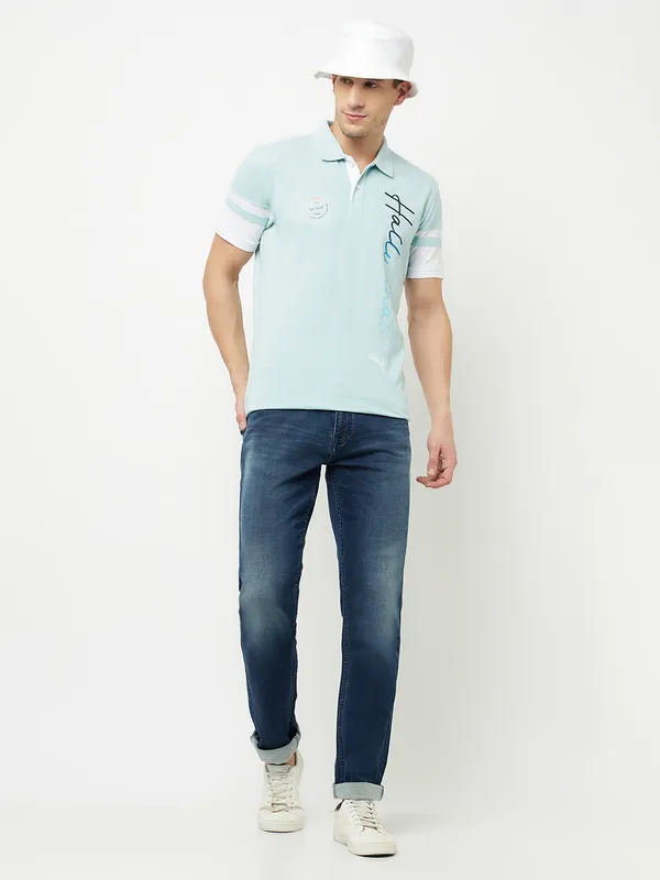 Octave Men Blue Polo Collar Applique T-shirt