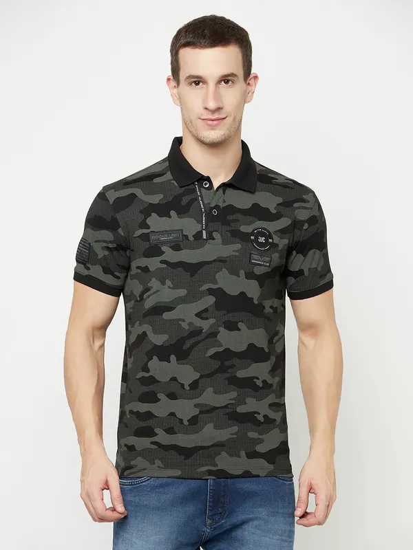 Octave Men Black Camouflage Printed Polo Collar T-shirt