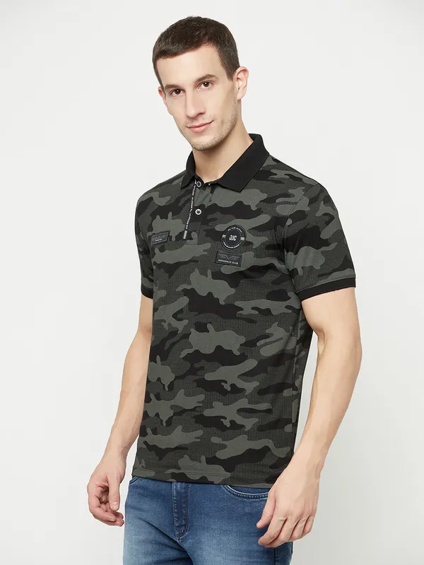 Octave Men Black Camouflage Printed Polo Collar T-shirt
