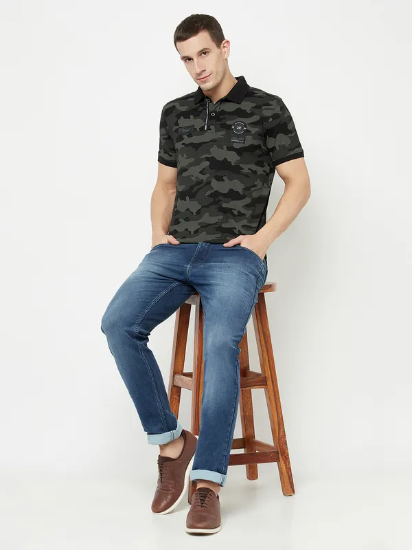 Octave Men Black Camouflage Printed Polo Collar T-shirt